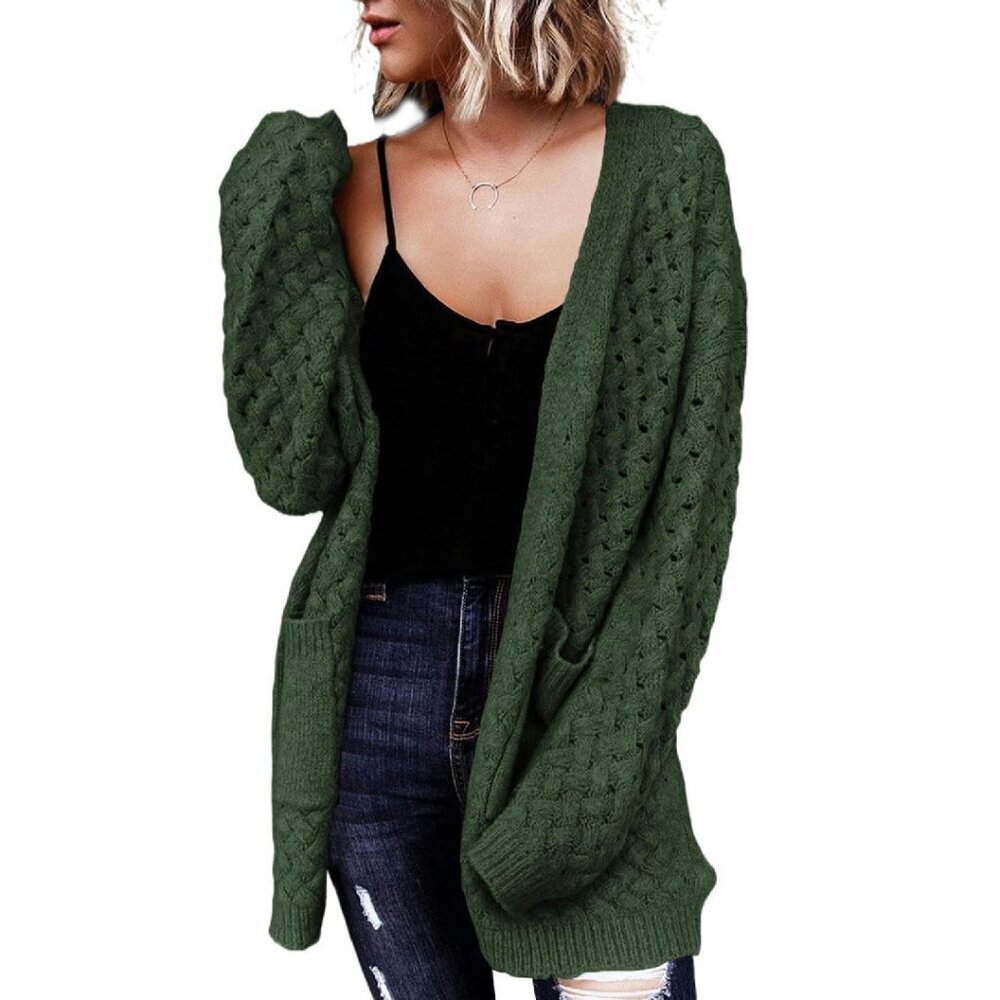 Long Sleeve Cable Knit Cardigan with Pockets, Open Front, Chunky Knit